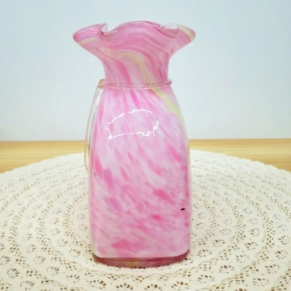 Vintage Murano Style Pink Cased Art Glass Tied Gift Bag Swirl Vase